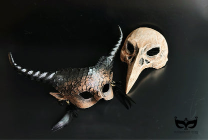 Gothic Halloween couples mask set with horned scale mask and skull plague doctor mask.
