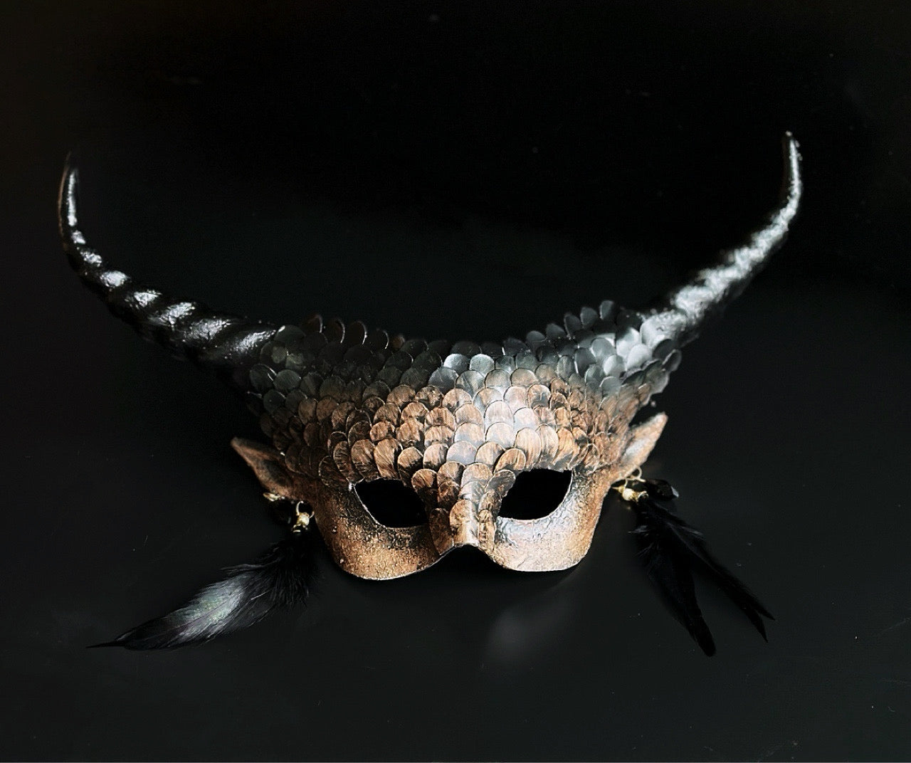 Gothic Halloween couples mask set with horned scale mask and skull plague doctor mask.