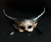 Gothic Halloween couples mask set with horned scale mask and skull plague doctor mask.