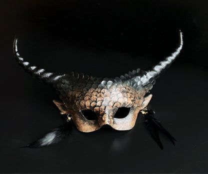 Gothic Halloween couples mask set with horned scale mask and skull plague doctor mask.