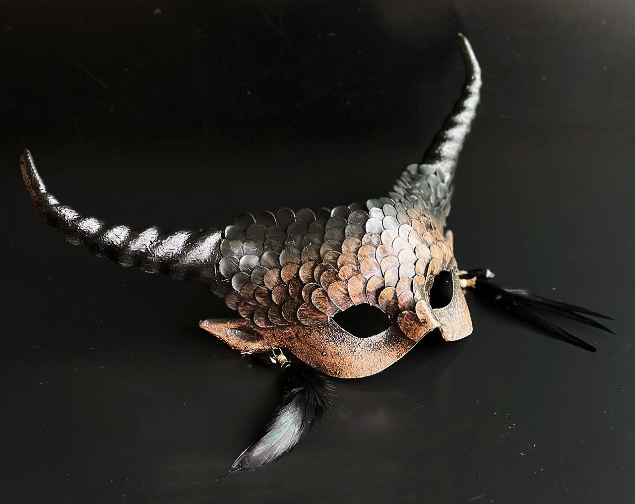 Gothic Halloween couples mask set with horned scale mask and skull plague doctor mask.