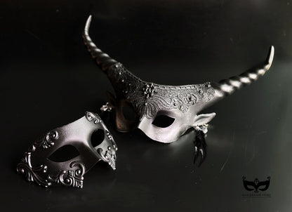 Silver and black gothic couples masquerade mask set with horned mask and metallic half mask.