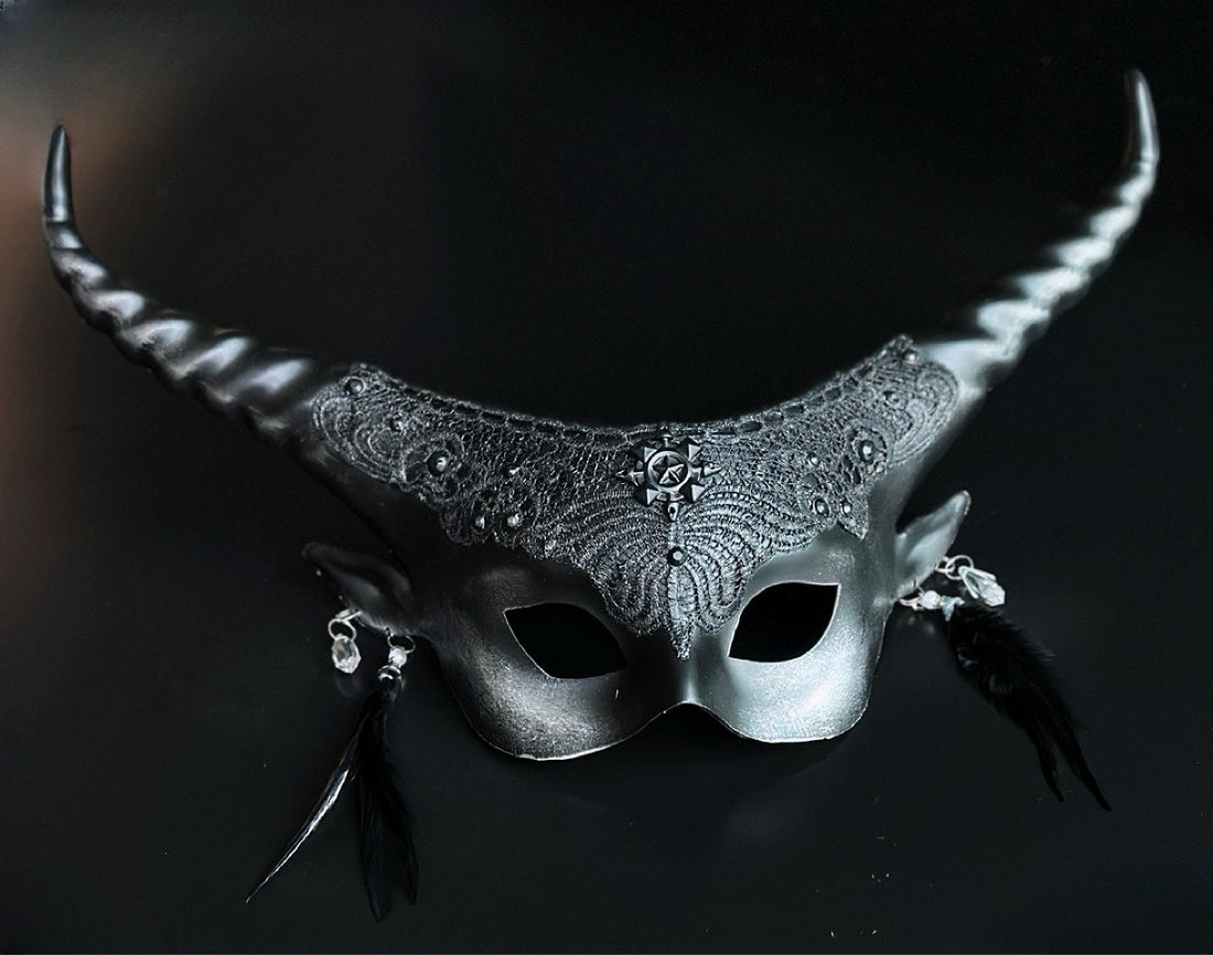 Silver and black gothic couples masquerade mask set with horned mask and metallic half mask.