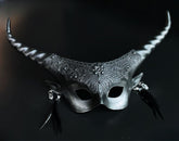 Silver and black gothic couples masquerade mask set with horned mask and metallic half mask.
