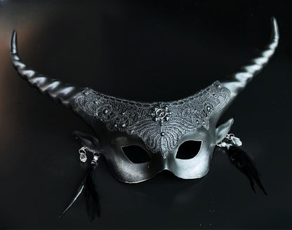 Silver and black gothic couples masquerade mask set with horned mask and metallic half mask.