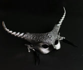 Silver and black gothic couples masquerade mask set with horned mask and metallic half mask.
