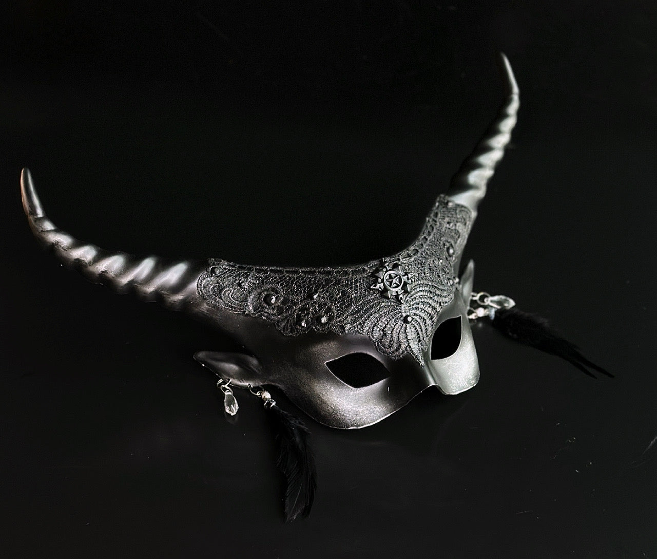 Silver and black gothic couples masquerade mask set with horned mask and metallic half mask.