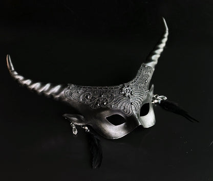 Silver and black gothic couples masquerade mask set with horned mask and metallic half mask.