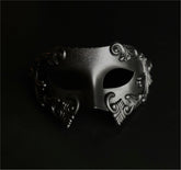 Silver and black gothic couples masquerade mask set with horned mask and metallic half mask.