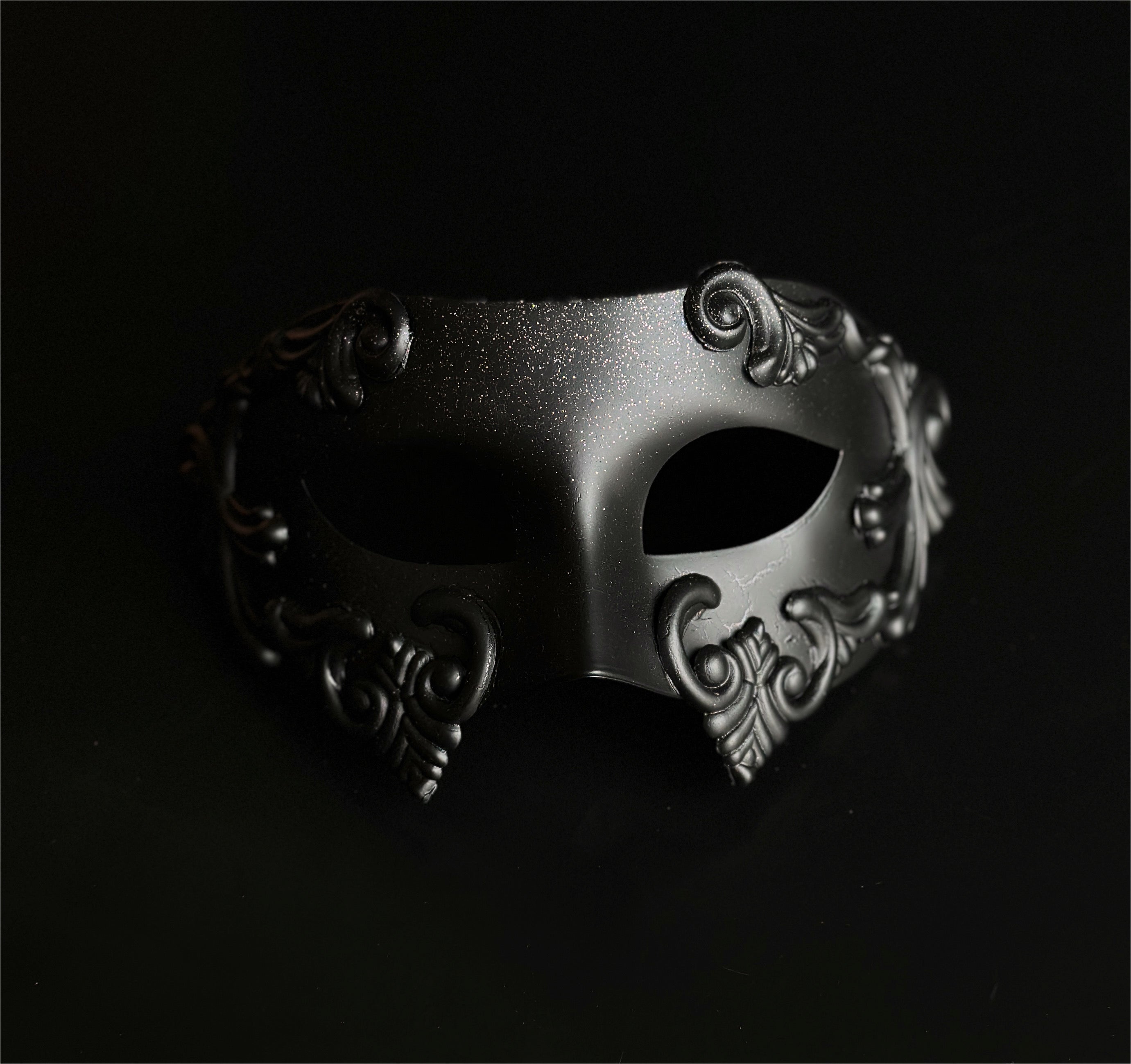 Silver and black gothic couples masquerade mask set with horned mask and metallic half mask.