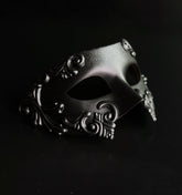 Silver and black gothic couples masquerade mask set with horned mask and metallic half mask.