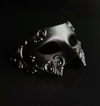 Silver and black gothic couples masquerade mask set with horned mask and metallic half mask.