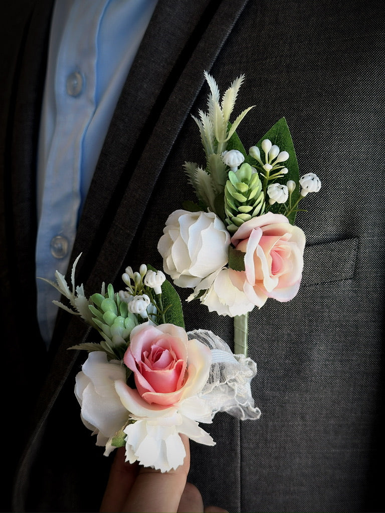 Blush rose and ivory prom boutonniere and corsage set with greenery