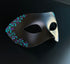Matte black Venetian Phantom masquerade mask featuring sparkling purple and teal glitter filigree trim, lightweight half-face costume mask for masquerade balls, Mardi Gras, Halloween, Venetian carnival, cosplay, weddings, formal galas, theatrical performances, fantasy costumes, and elegant evening events.