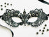 Black embroidered lace Venetian masquerade eye mask featuring emerald green crystal rhinestones and satin ribbon ties. Ideal for masquerade balls, Mardi Gras celebrations, gothic weddings, black tie galas, Renaissance festivals, opera performances, cosplay, Halloween parties, and formal costume events.