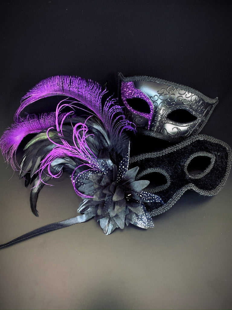 Midnight Enigma Mask Set with black and purple glitter details, feathers, and floral accents, designed for couples attending masquerade events.