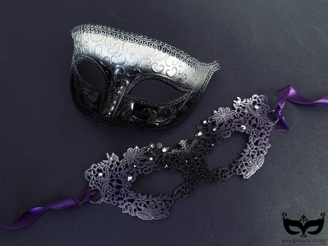 Black and silver mask paired with a purple lace mask, ideal for masquerade balls, themed events, or romantic celebrations.