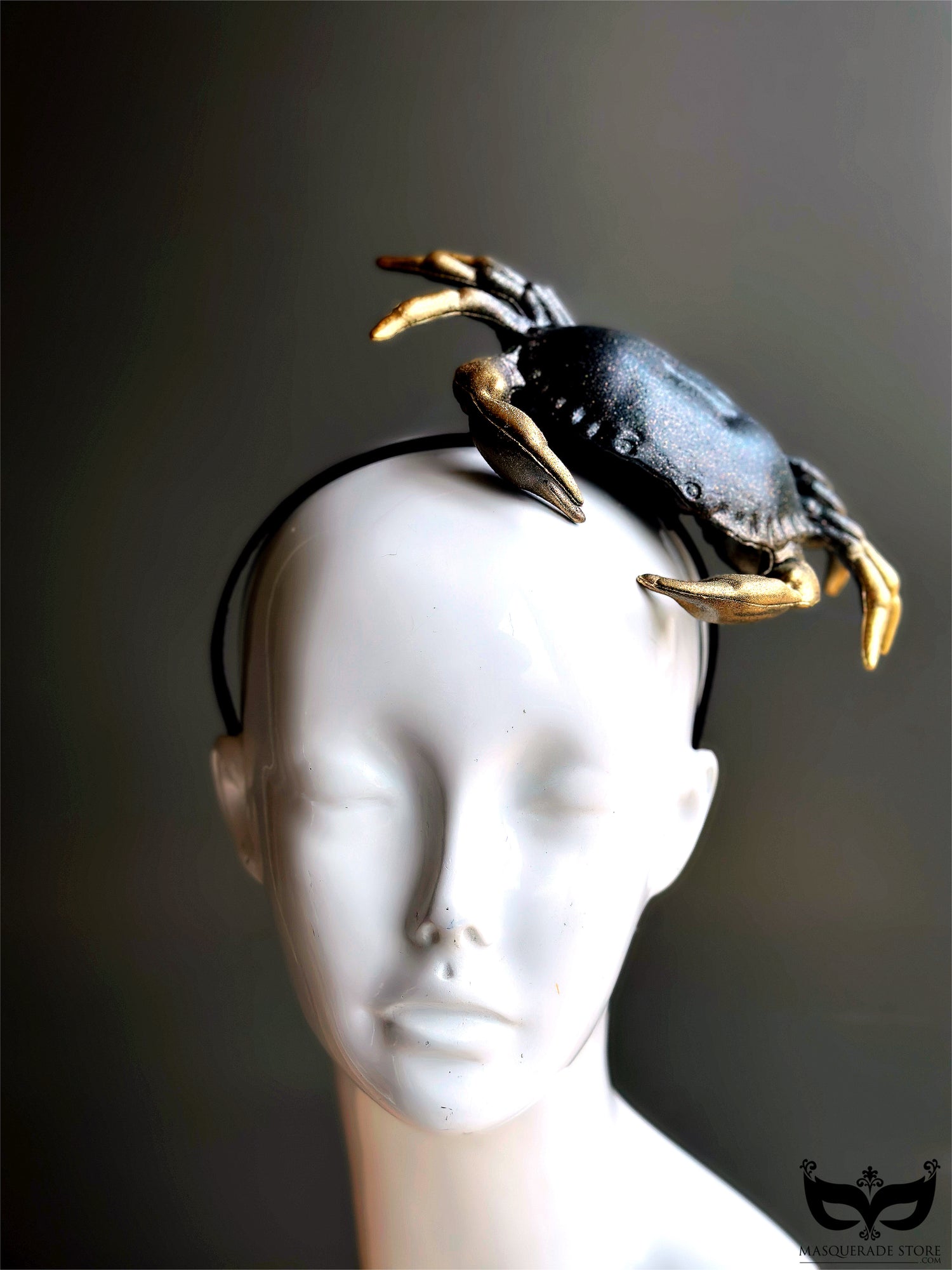 Unique black and gold crab headpiece on a sleek headband, perfect for ocean-inspired fashion, themed parties, and statement looks.