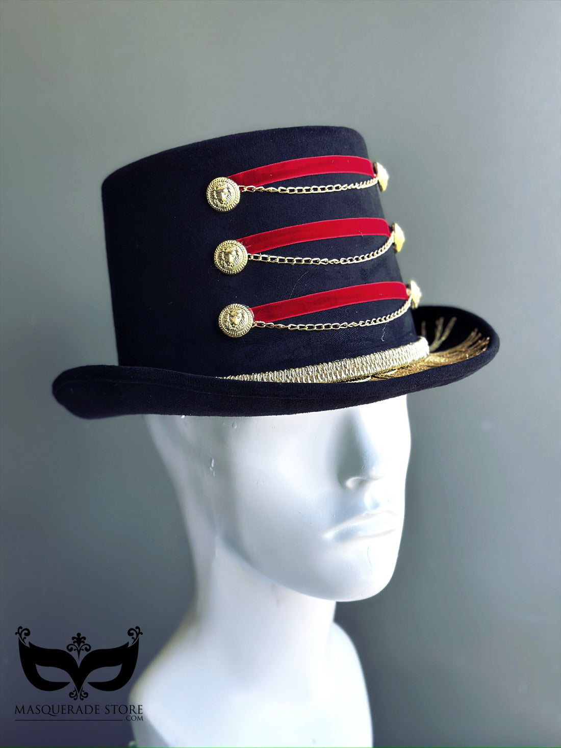 Military-inspired black top hat with red velvet bands, gold chains, and button accents, perfect for steampunk or costume events.