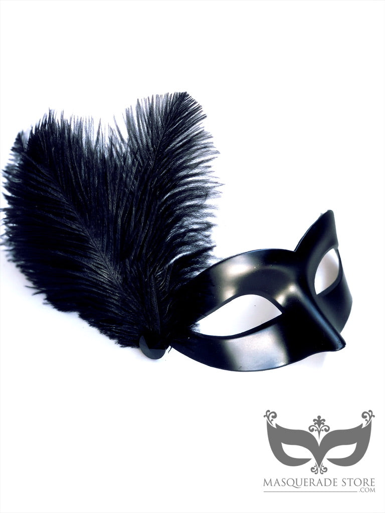 Elegant black Venetian mask with a striking black feather, and gemstone accent, perfect for masquerade events and costume parties.