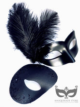 Black masquerade masks for couples with ostrich feathers and filigree on mens mask