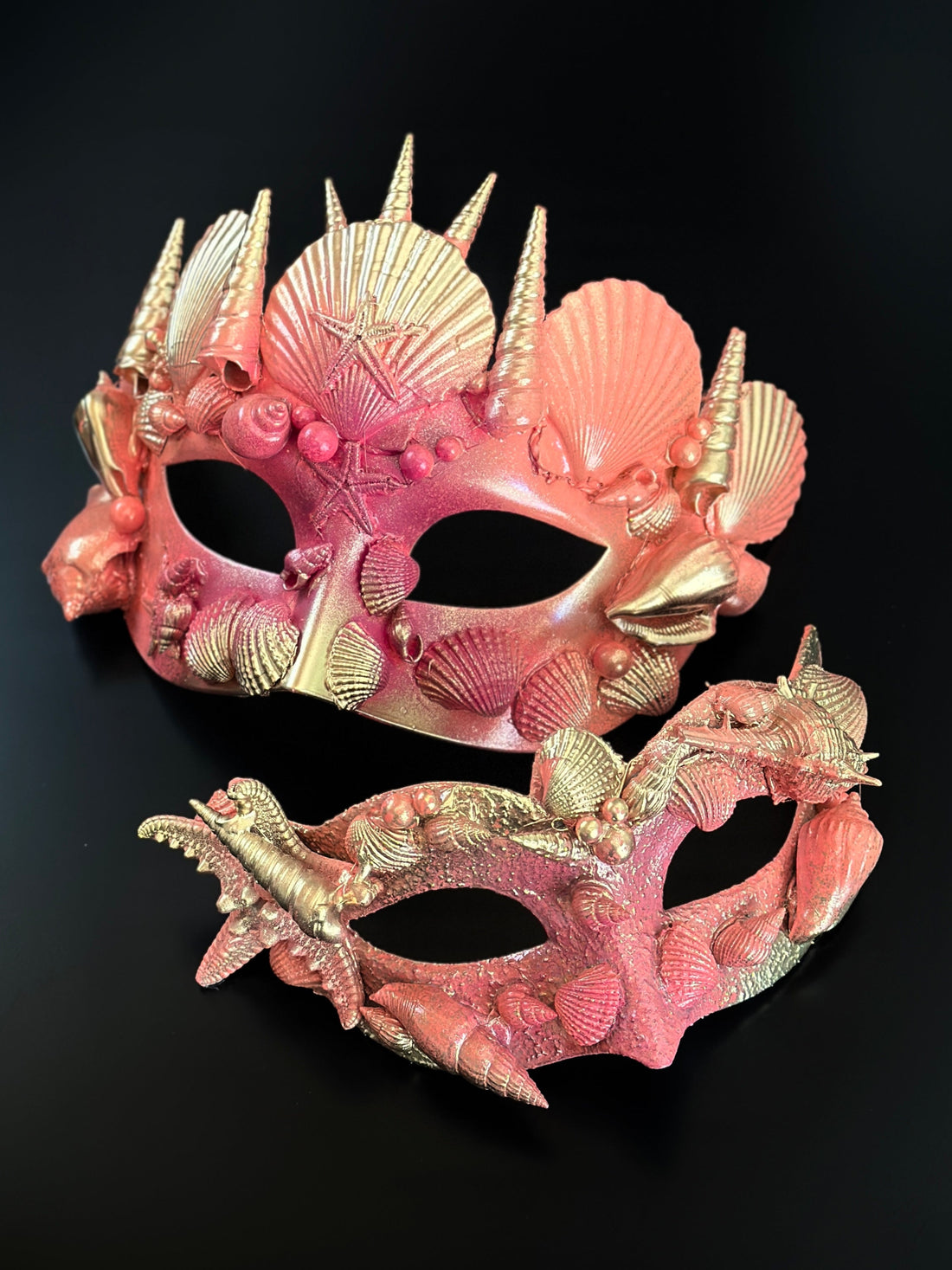 Coral and gold mermaid masquerade mask set with starfish and seashells for couples.