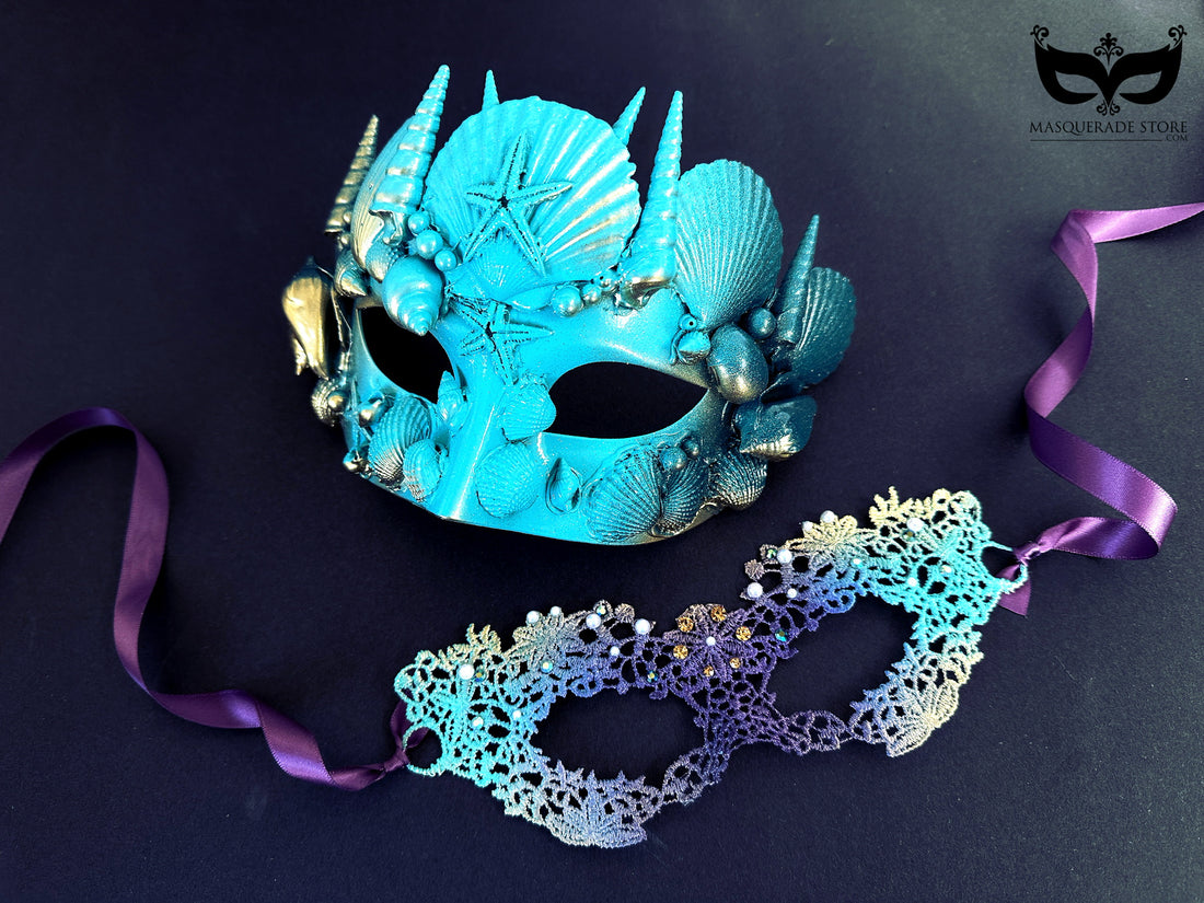 Blue ocean shell masquerade mask and ombre lace mask set for couples with pearls and purple ribbon