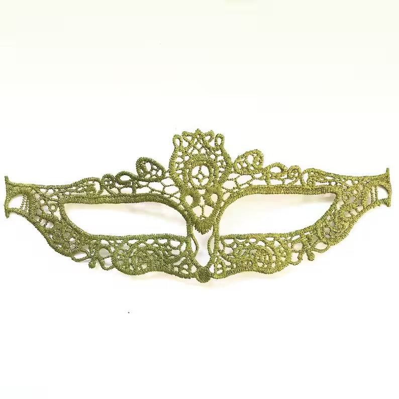 Elegant olive green lace masquerade mask, Venetian style lace mask for women, ideal for prom, masquerade ball, Halloween, and costume parties.