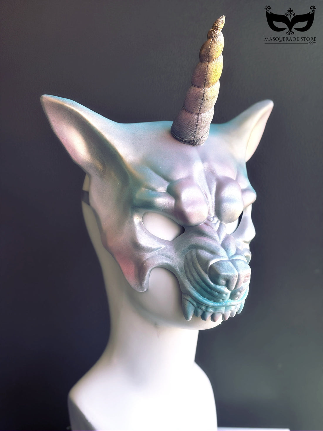 Fantasy holographic angry dog unicorn mask with pastel tones and horn for cosplay, rave, or masquerade costume