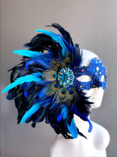 Peacock feather masquerade mask for women with blue lace, rhinestones, and teal feathers.