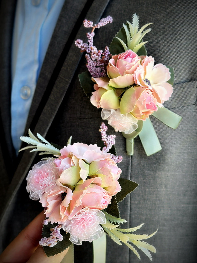 Blush pink and sage prom boutonniere and corsage set with soft florals and delicate details