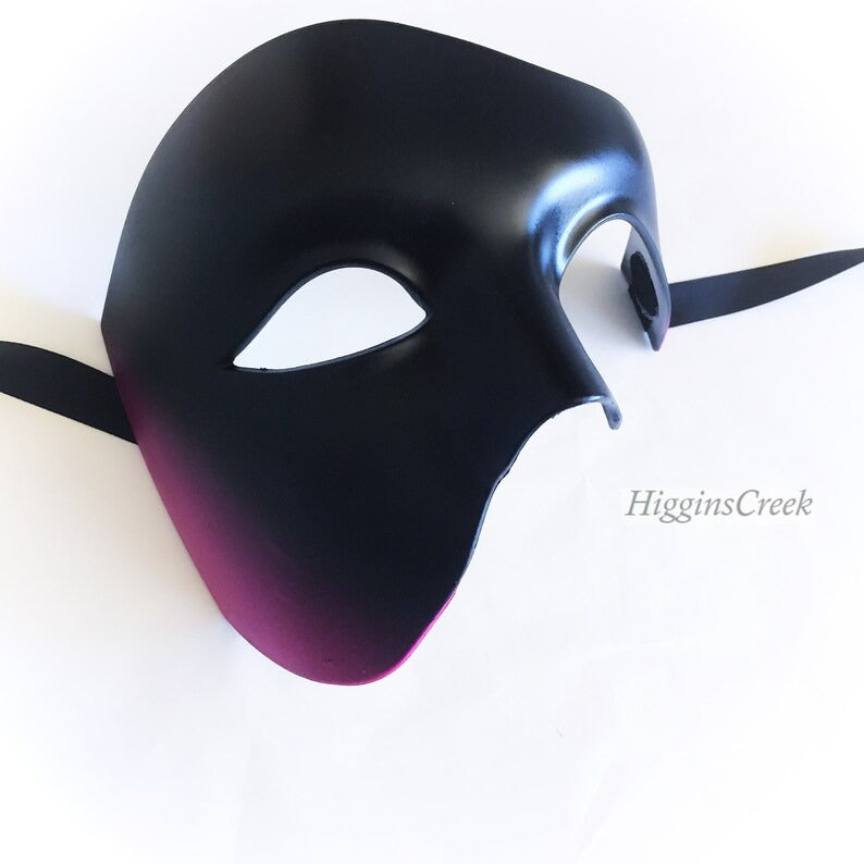 Black and magenta gradient Phantom of the Opera masquerade mask, half-face design for theater, Carnival, and Halloween.