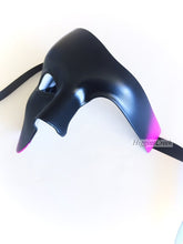 Black and magenta gradient Phantom of the Opera masquerade mask, half-face design for theater, Carnival, and Halloween.