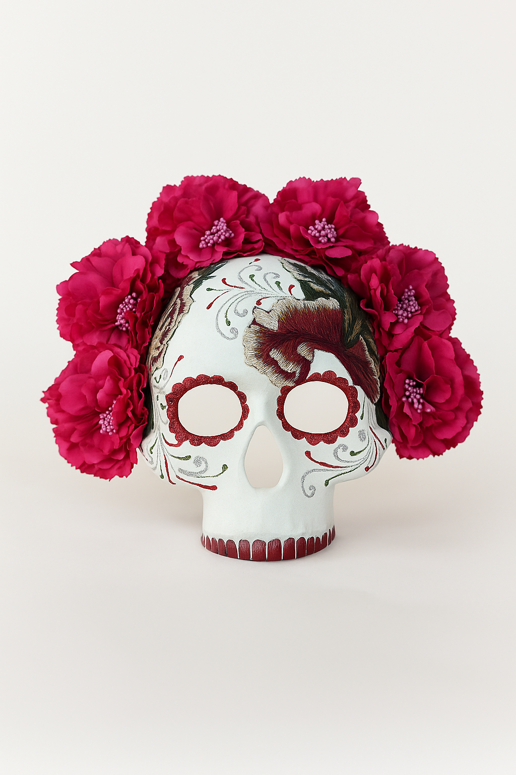 Pink floral sugar skull mask with embroidery for Halloween, Día de los Muertos, and masquerades.