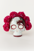 Pink floral sugar skull mask with embroidery for Halloween, Día de los Muertos, and masquerades.