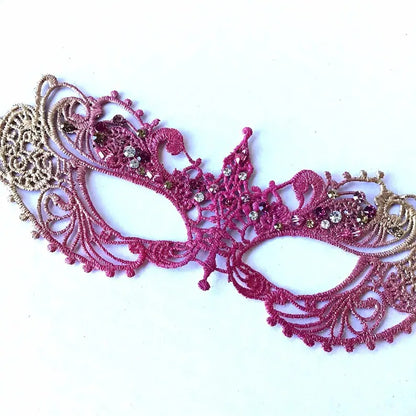 Pink and gold lace masquerade mask with rhinestones, ombre Venetian lace eye mask for women with satin ribbons, perfect for weddings and masquerade balls.