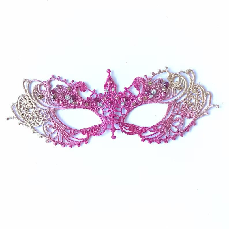 Pink and gold lace masquerade mask with rhinestones, ombre Venetian lace eye mask for women with satin ribbons, perfect for weddings and masquerade balls.