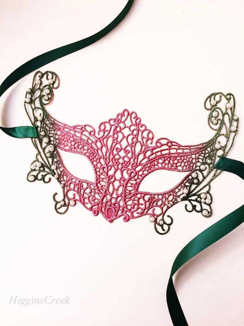 Pink green lace masquerade mask for women, Venetian lace mask with satin ties, perfect for masquerade ball, prom, wedding, and Halloween costumes.