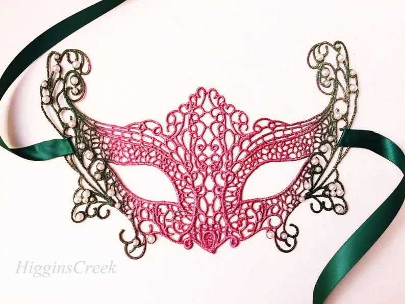 Pink green lace masquerade mask for women, Venetian lace mask with satin ties, perfect for masquerade ball, prom, wedding, and Halloween costumes.