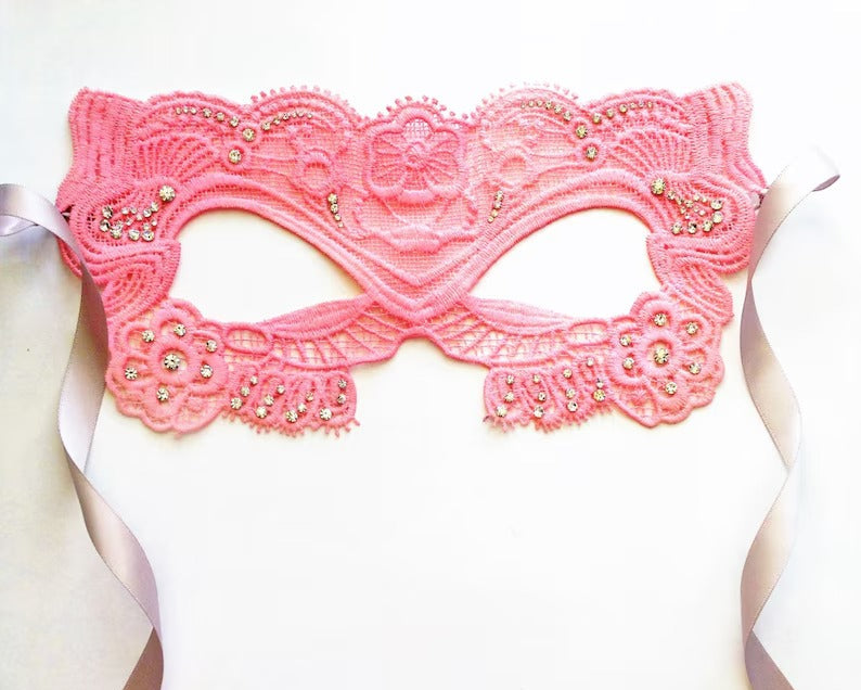 Pink lace masquerade mask with rhinestones, Venetian lace eye mask for women with satin ribbons, perfect for prom, weddings, and costume parties.