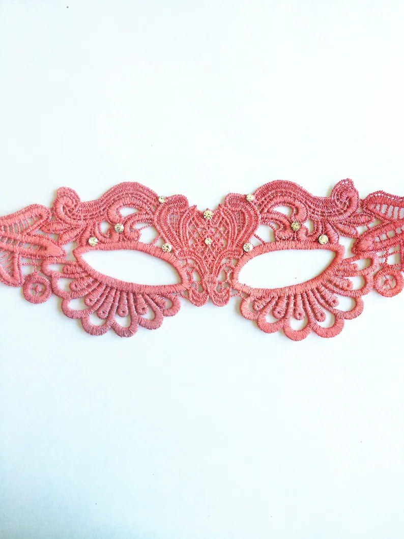 Pink lace masquerade mask with rhinestones, elegant lace eye mask for women, prom, masquerade ball, and wedding parties.