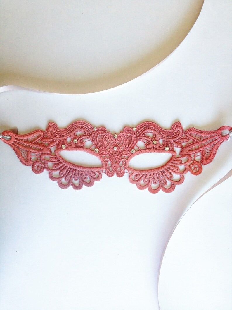 Pink lace masquerade mask with rhinestones, elegant lace eye mask for women, prom, masquerade ball, and wedding parties.