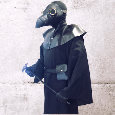 Plague doctor costume with parrot-style mask in various colors, customizable robe, gloves, hat, staff, shoulder cape, pouch belt, and balaclava.