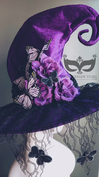 Purple Witch Hat with Lace and Butterflies