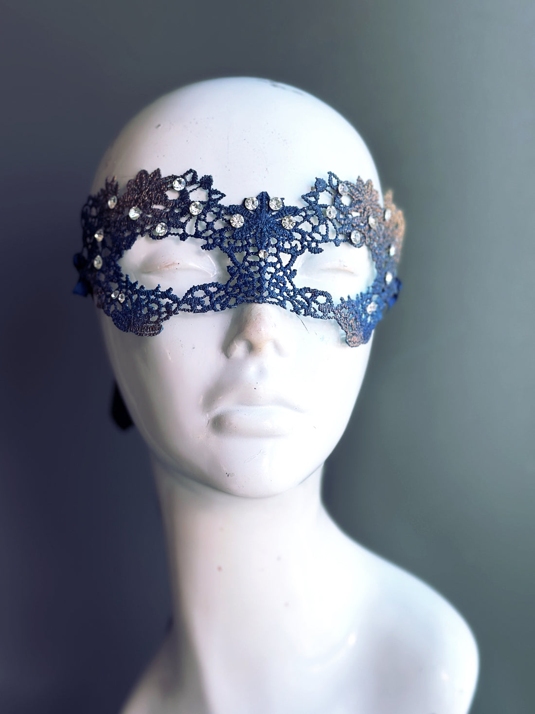 Blue and Gold Lace mask with clear crystal rhinestones