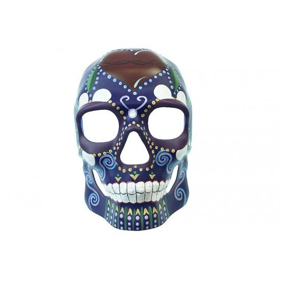 Purple sugar skull mask with white and blue painted accents.