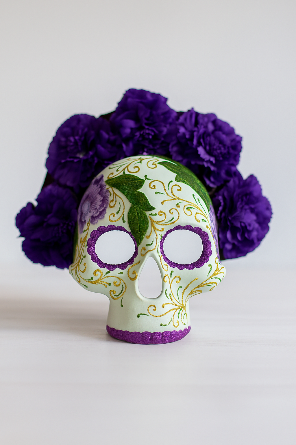 Purple floral sugar skull mask with embroidered details for Halloween, Day of the Dead, and masquerades.