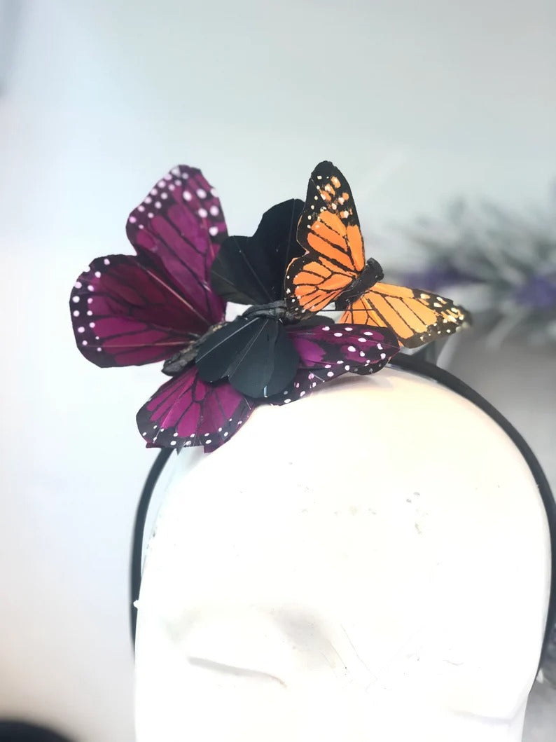 Monarch butterfly headband with purple and orange accents for cosplay and festivals.