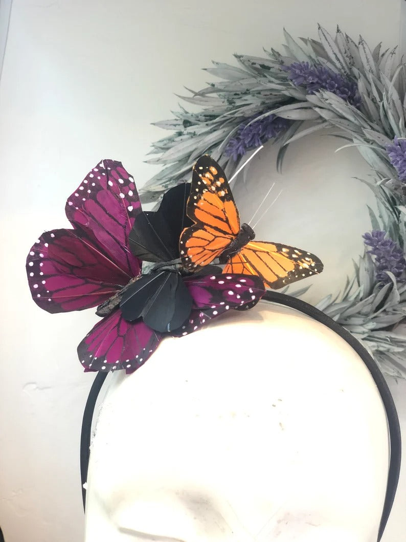 Monarch butterfly headband with purple and orange accents for cosplay and festivals.
