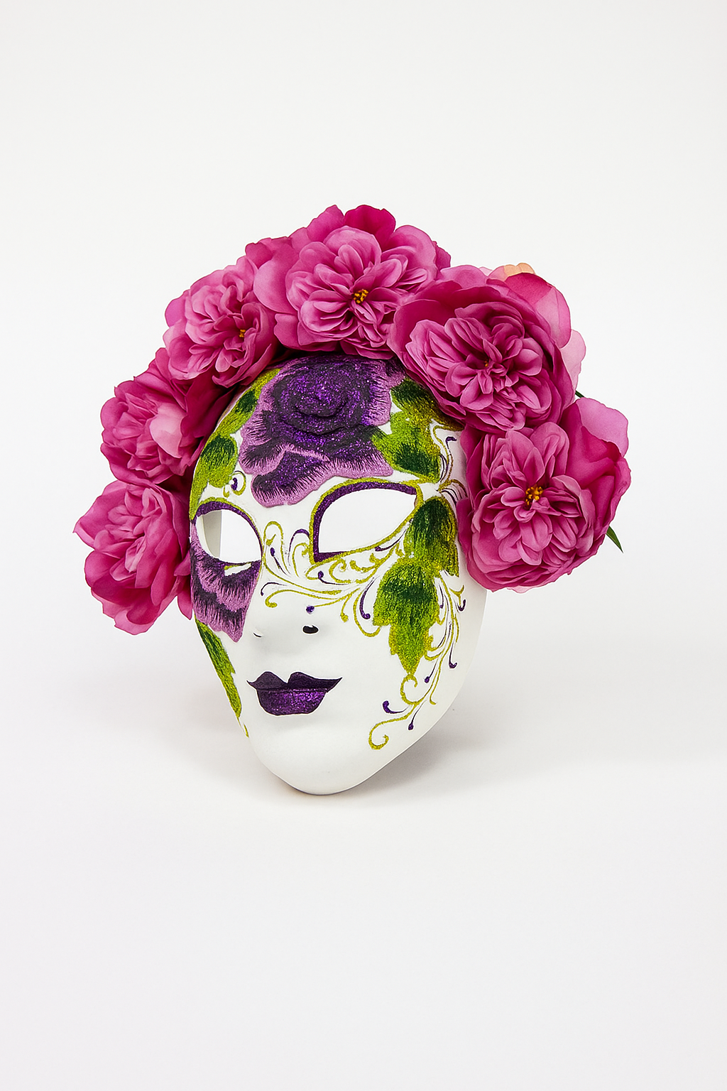 Purple rose embroidered full-face masquerade mask with floral details for Day of the Dead and Halloween.